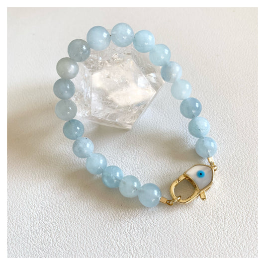 Aquamarine Bead Bracelet with Evil Eye Clasp