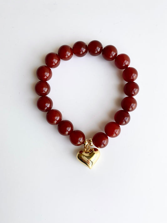 Red Agate Bead Bracelet with Heart Charm