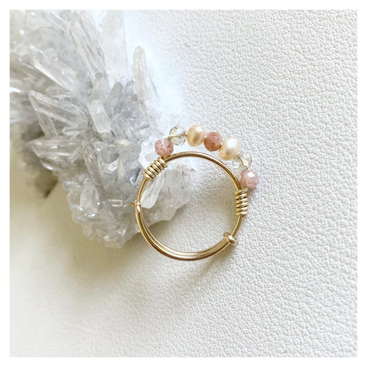 Peach Pearl + Sunstone + Smoky Glass Bead Wire-wrapped Ring