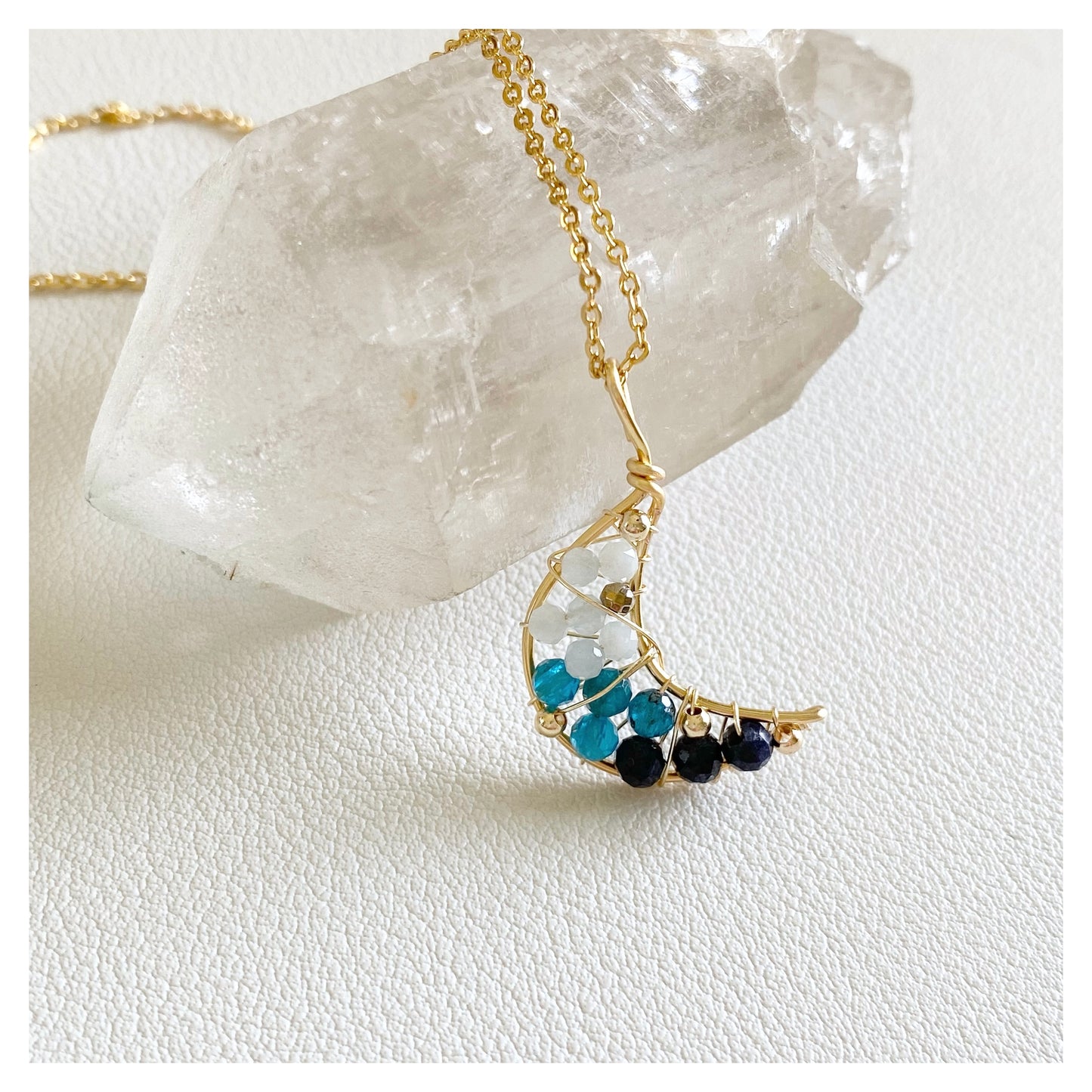 Aquamarine + Blue Apatite + Sapphire Wire-wrapped Moon Crystal Necklace