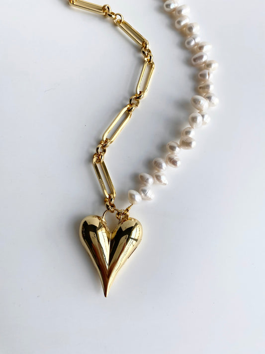 Puffed Heart with Pearl and Chunky Chain Necklace