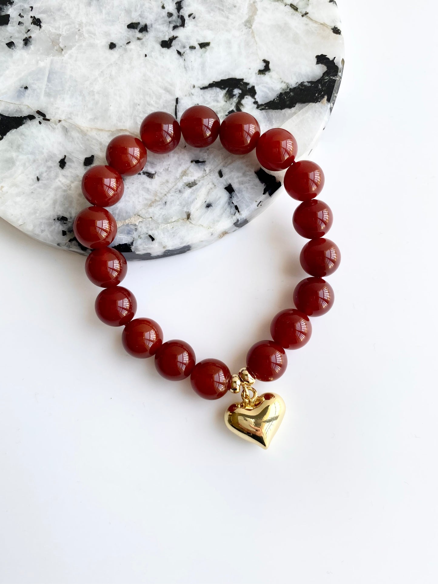 Red Agate Bead Bracelet with Heart Charm