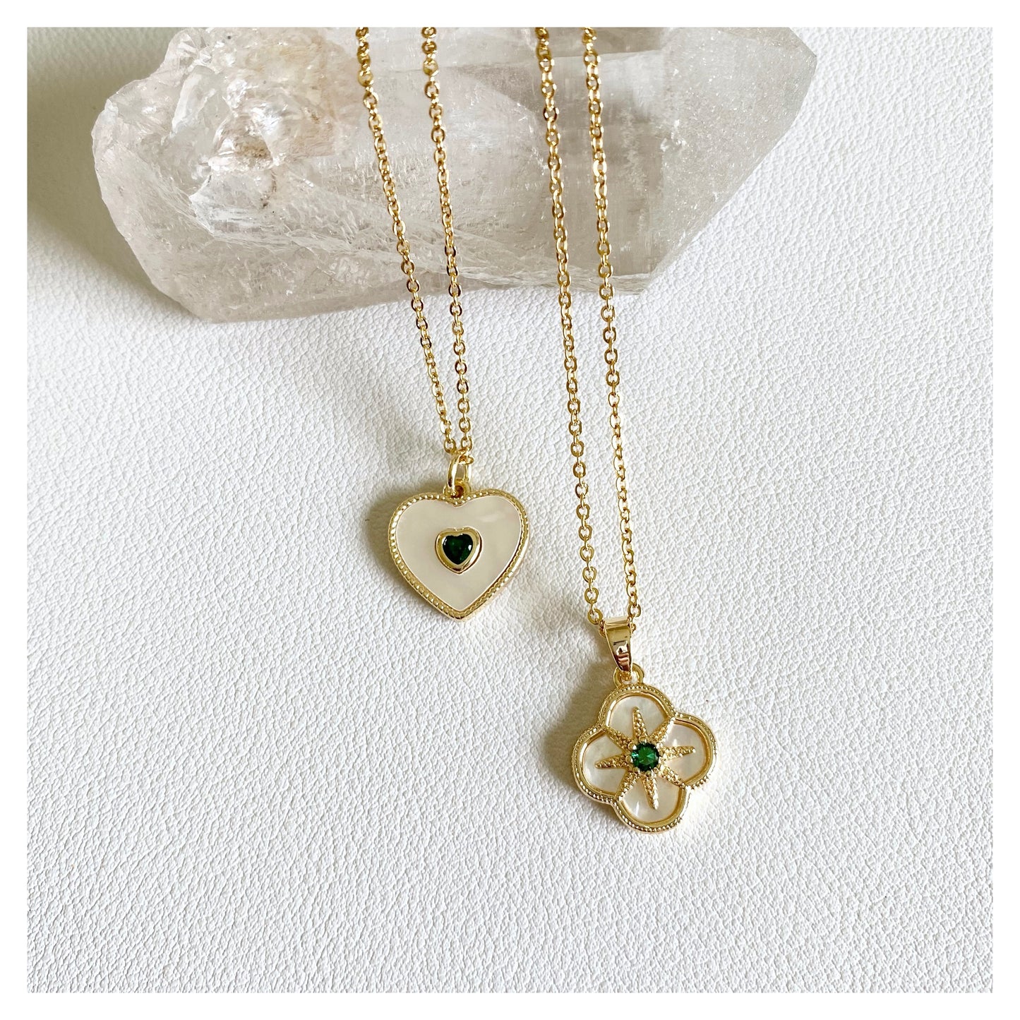 MOP Heart and Clover with Green Zircon Necklace