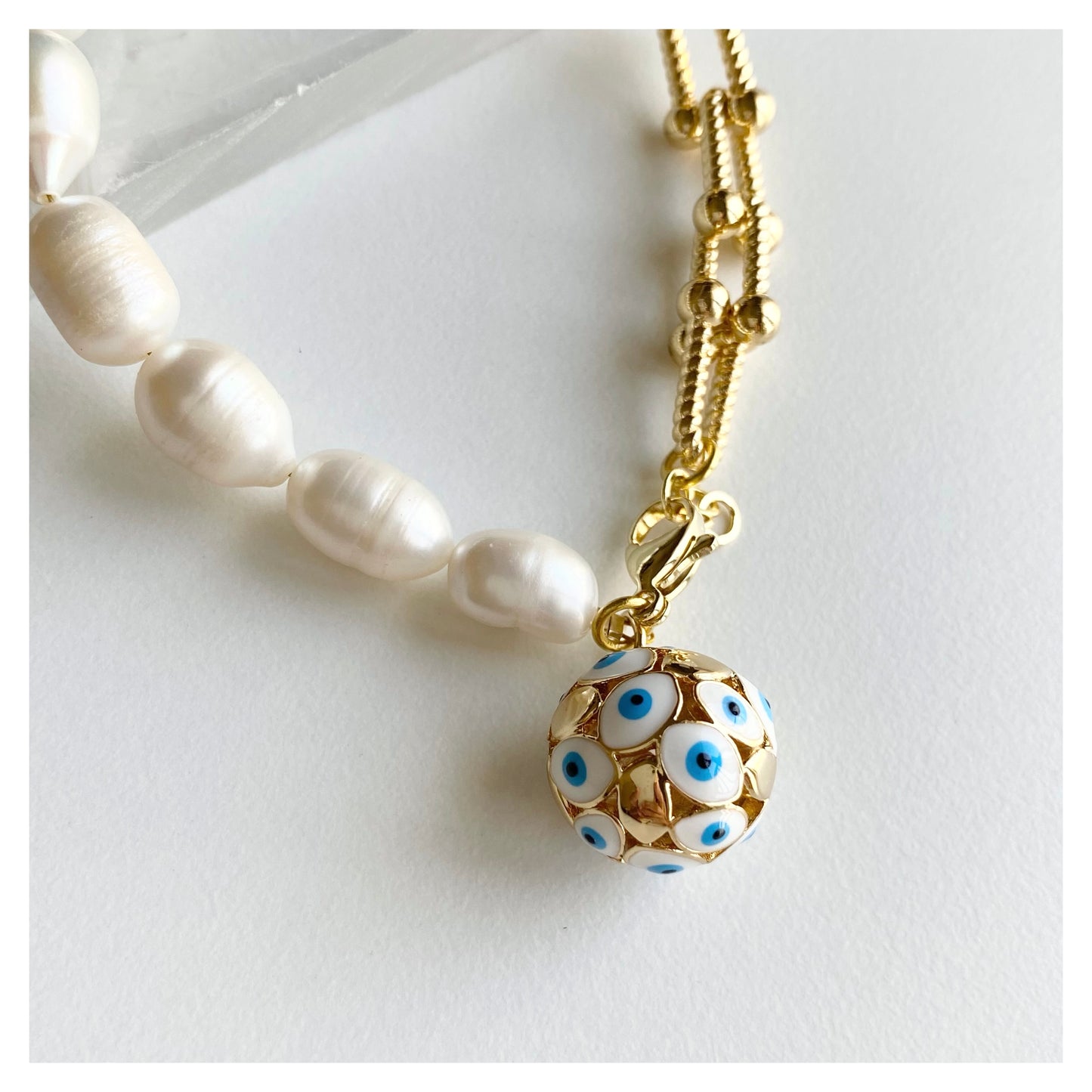 Evil Eye Charmed Pearl Chain Bracelet