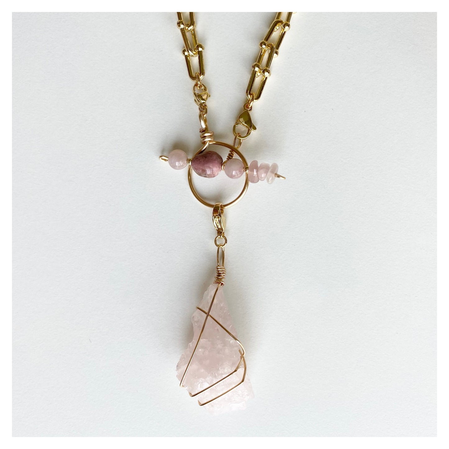 Wire-wrapped Rose Quartz with Crystal T-clasp Necklace