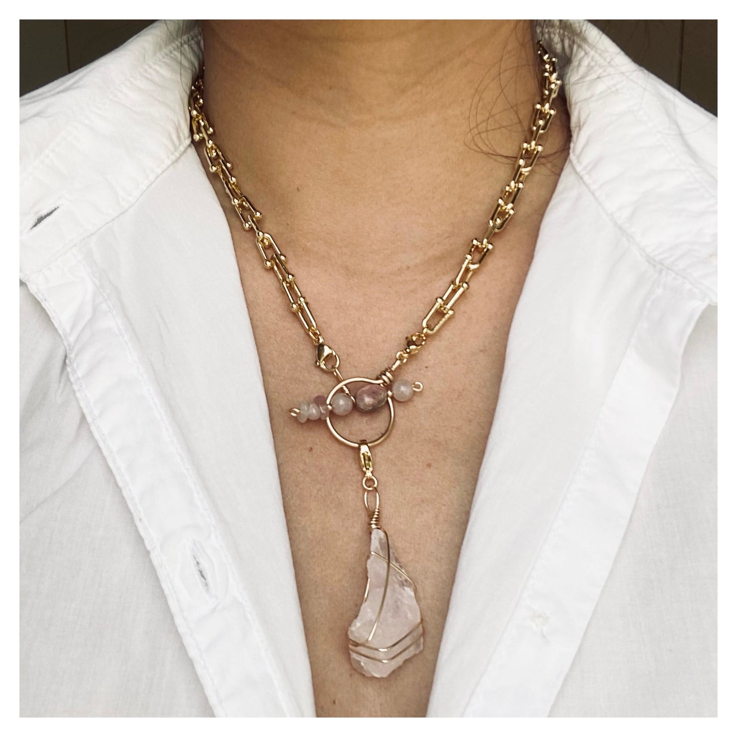 Wire-wrapped Rose Quartz with Crystal T-clasp Necklace