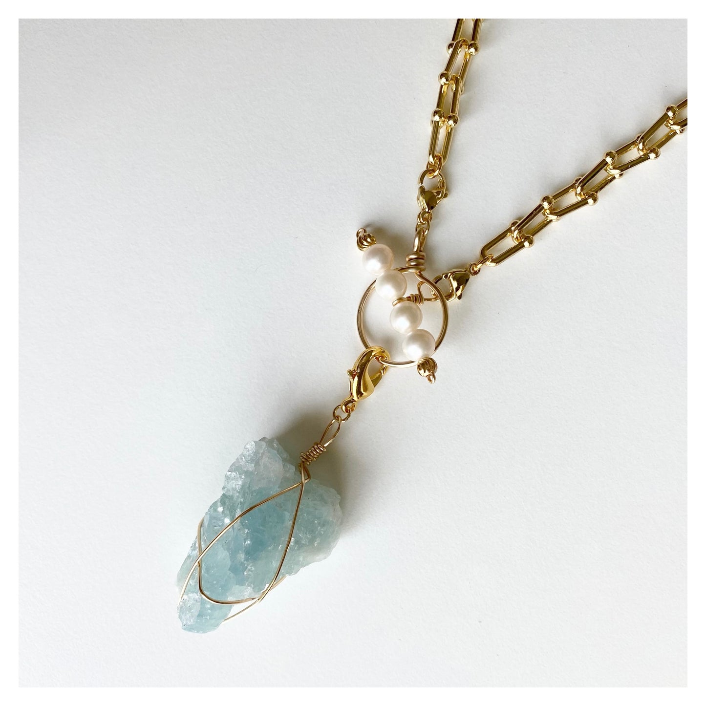 Wire-wrapped Aquamarine with Pearl T-clasp Necklace