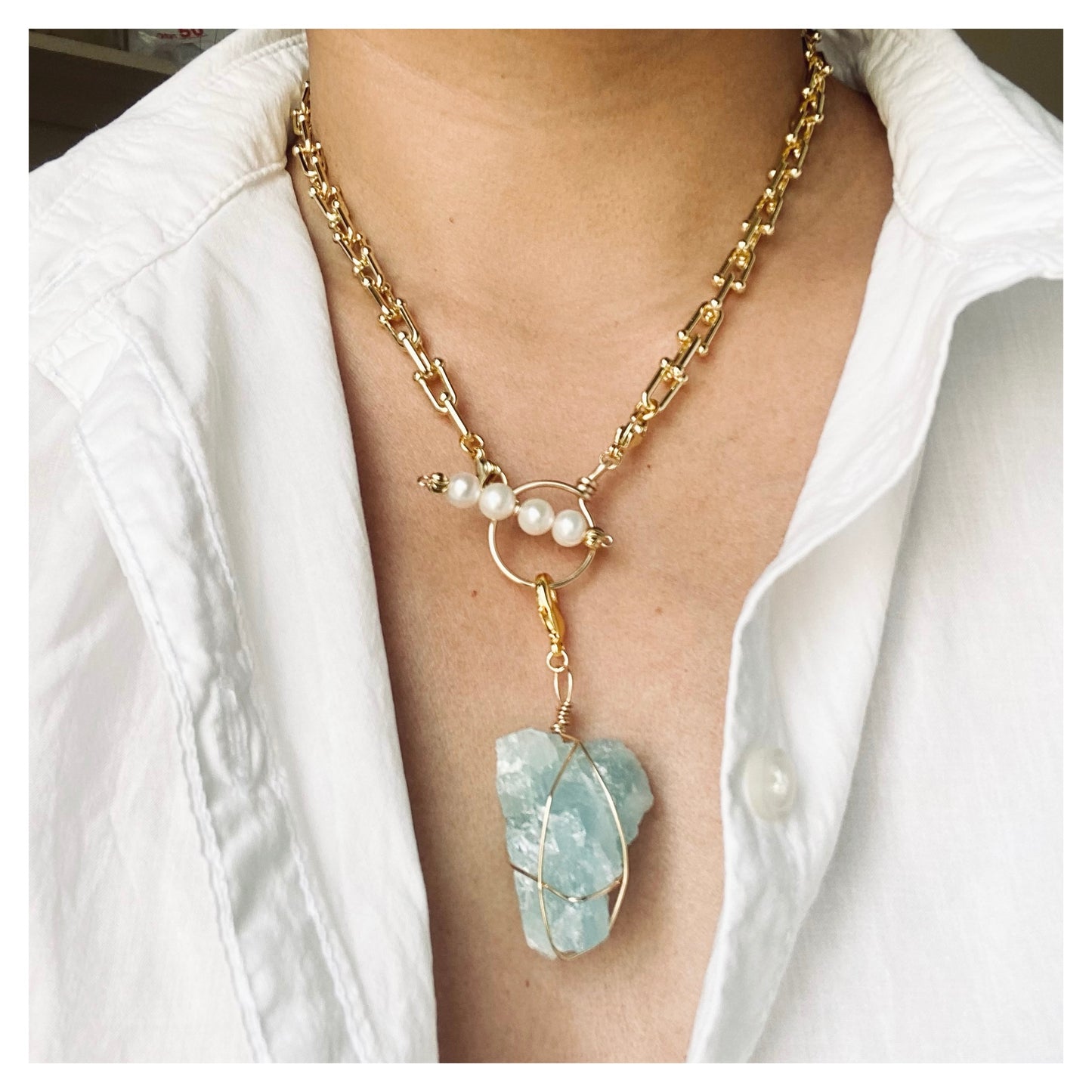 Wire-wrapped Aquamarine with Pearl T-clasp Necklace