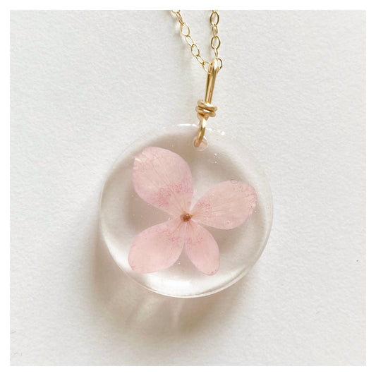 Four-Petal Pink Flower Round Resin Necklace