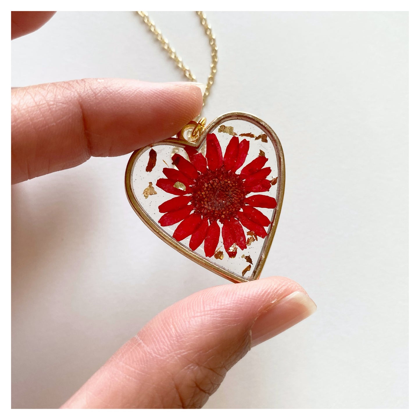 Red Flower Heart Resin Necklace