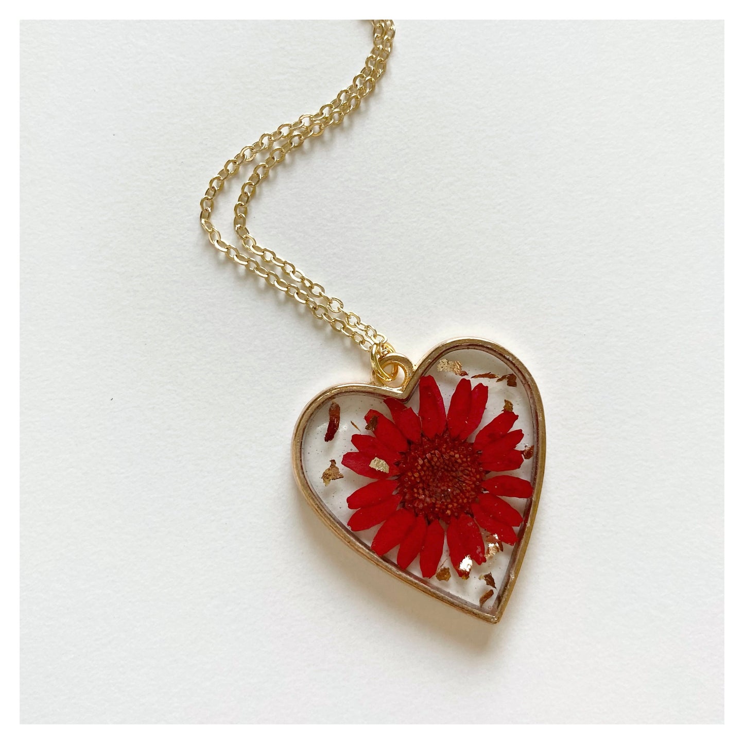 Red Flower Heart Resin Necklace
