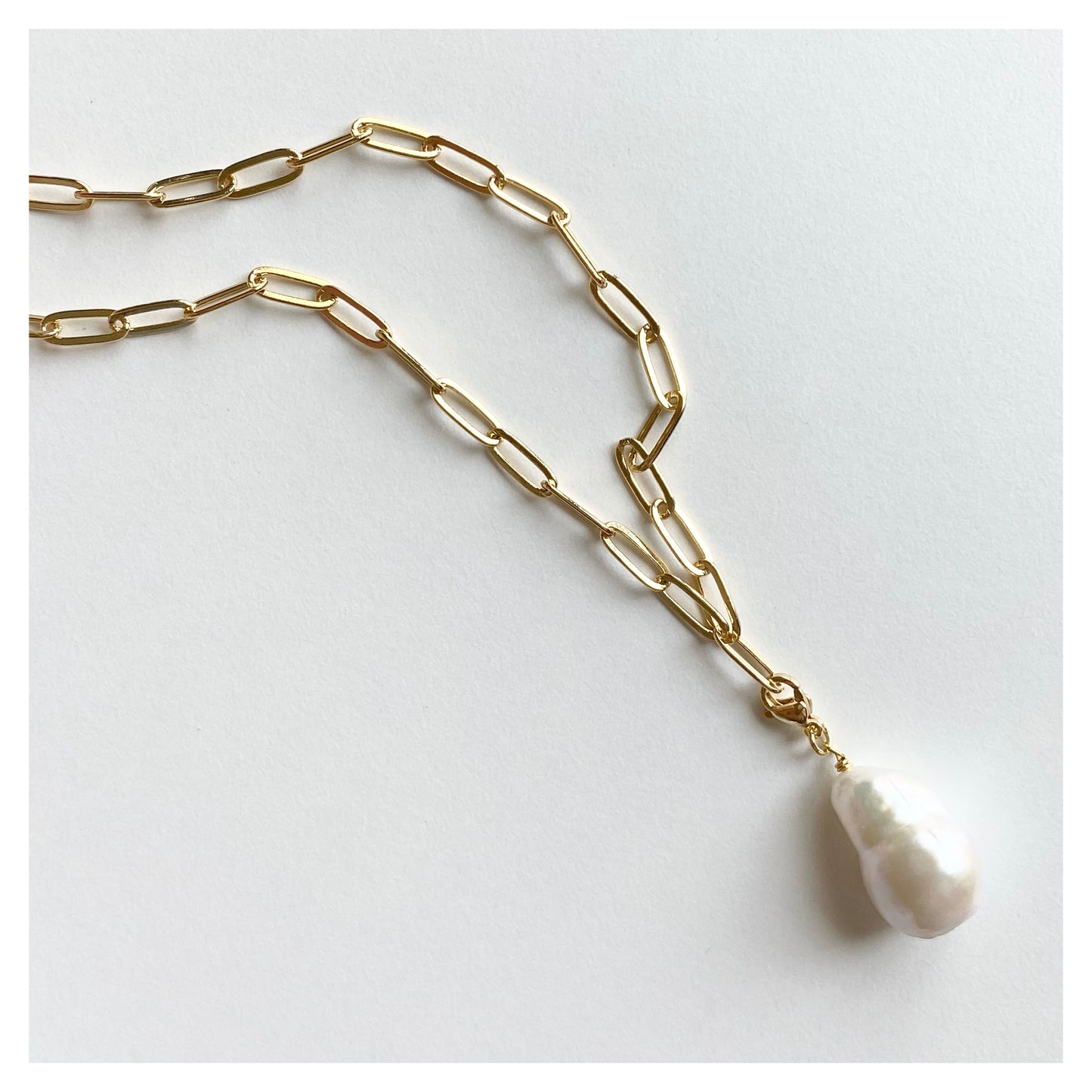 Long Baroque Pearl Paperclip Chain Necklace