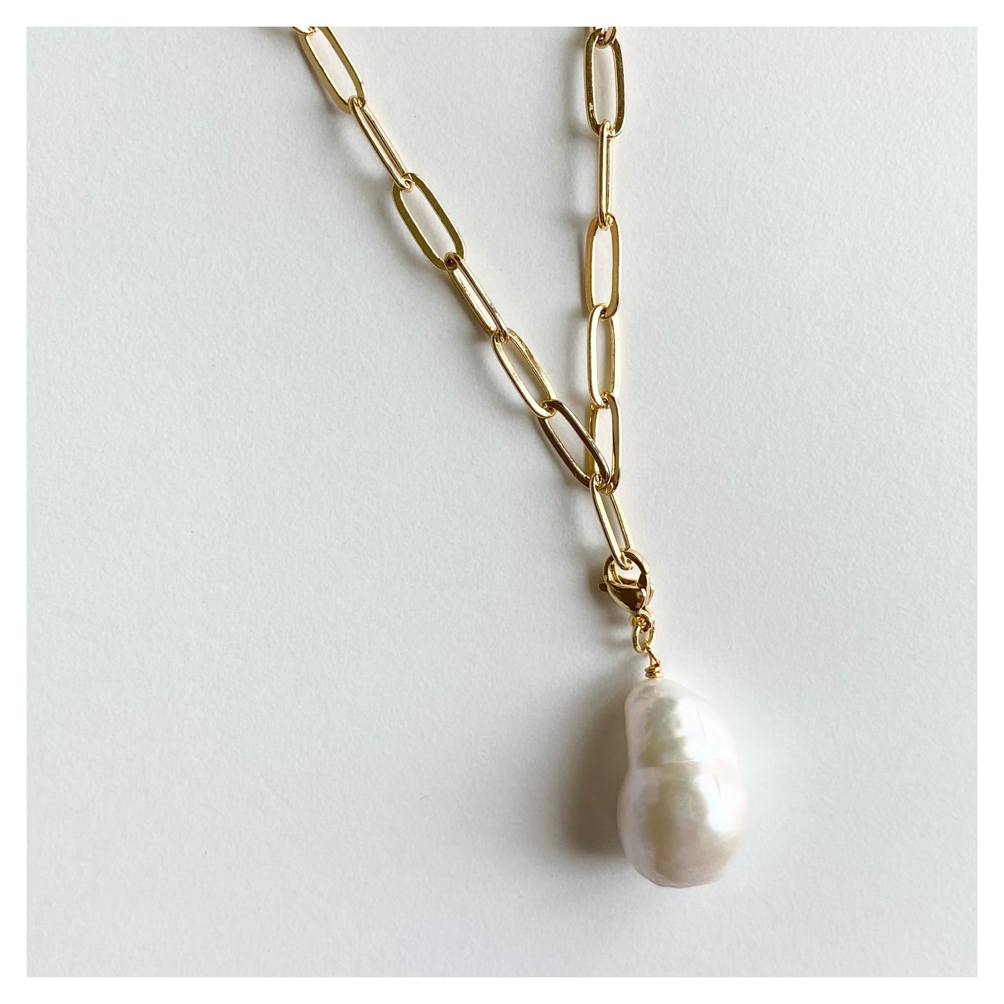 Long Baroque Pearl Paperclip Chain Necklace