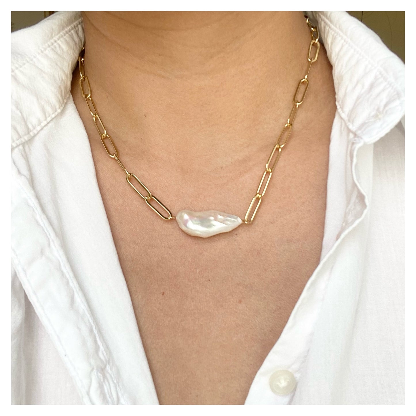 Long Baroque Pearl Paperclip Necklace