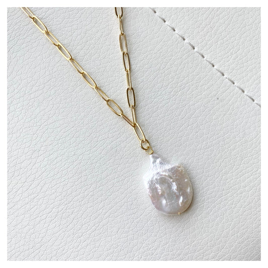 Flat Pearl Long Chain Necklace
