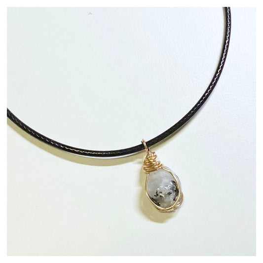 Wire-wrapped Moonstone chip with black cord