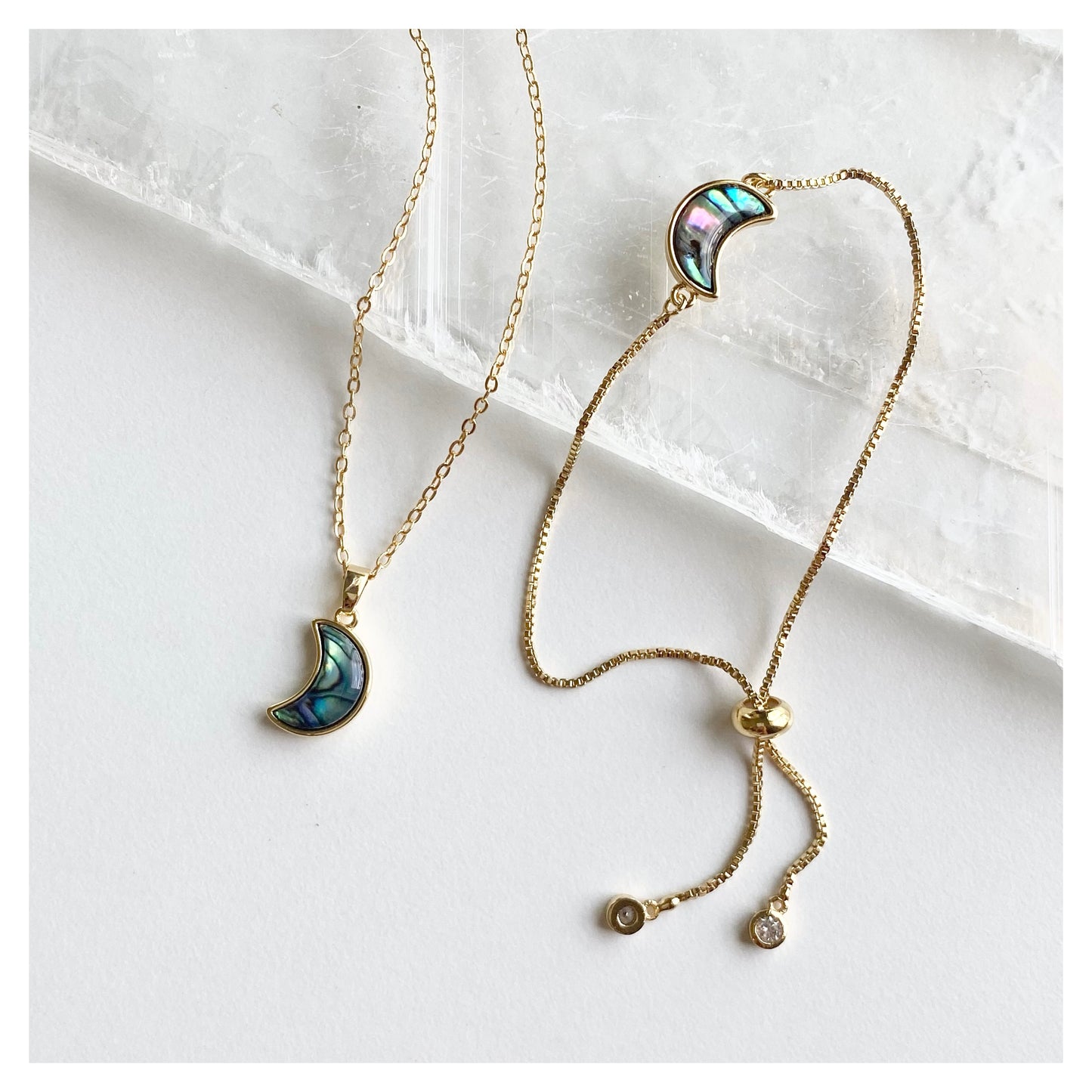 Abalone Shell Moon Necklace and Bracelet Set