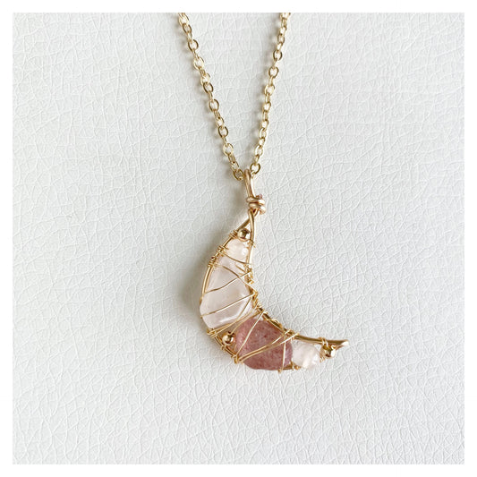 Wire-wrapped Rose and Strawberry Quartz Moon Necklace
