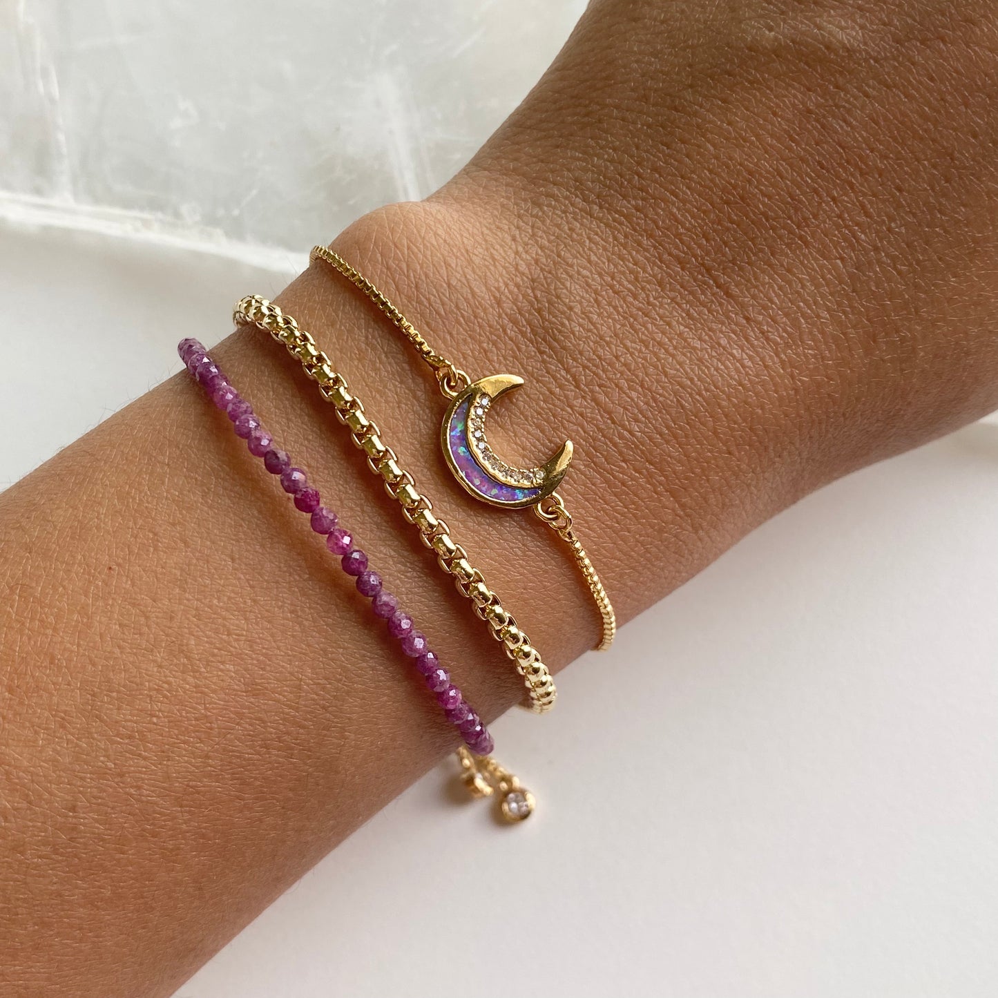 Lilac Moon + Ruby + Chain Bracelet Set