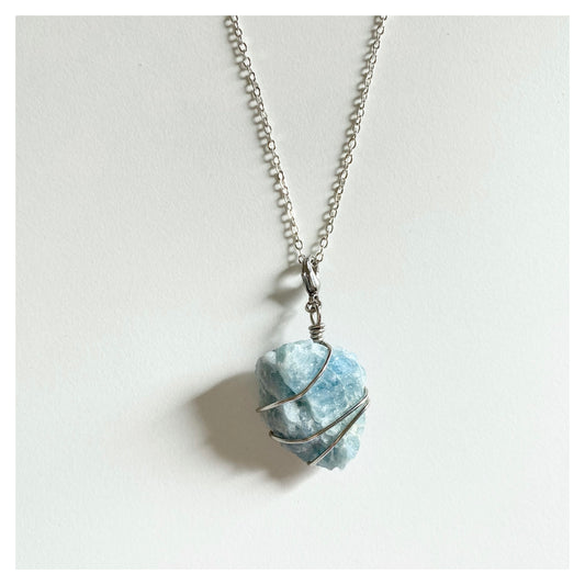 Raw Aquamarine Wire-wrapped Silver Necklace