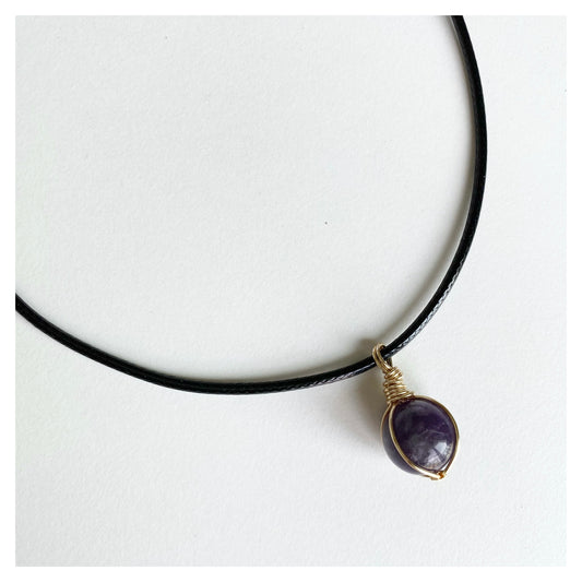 Wire-wrapped Amethyst with Black Cord Necklace