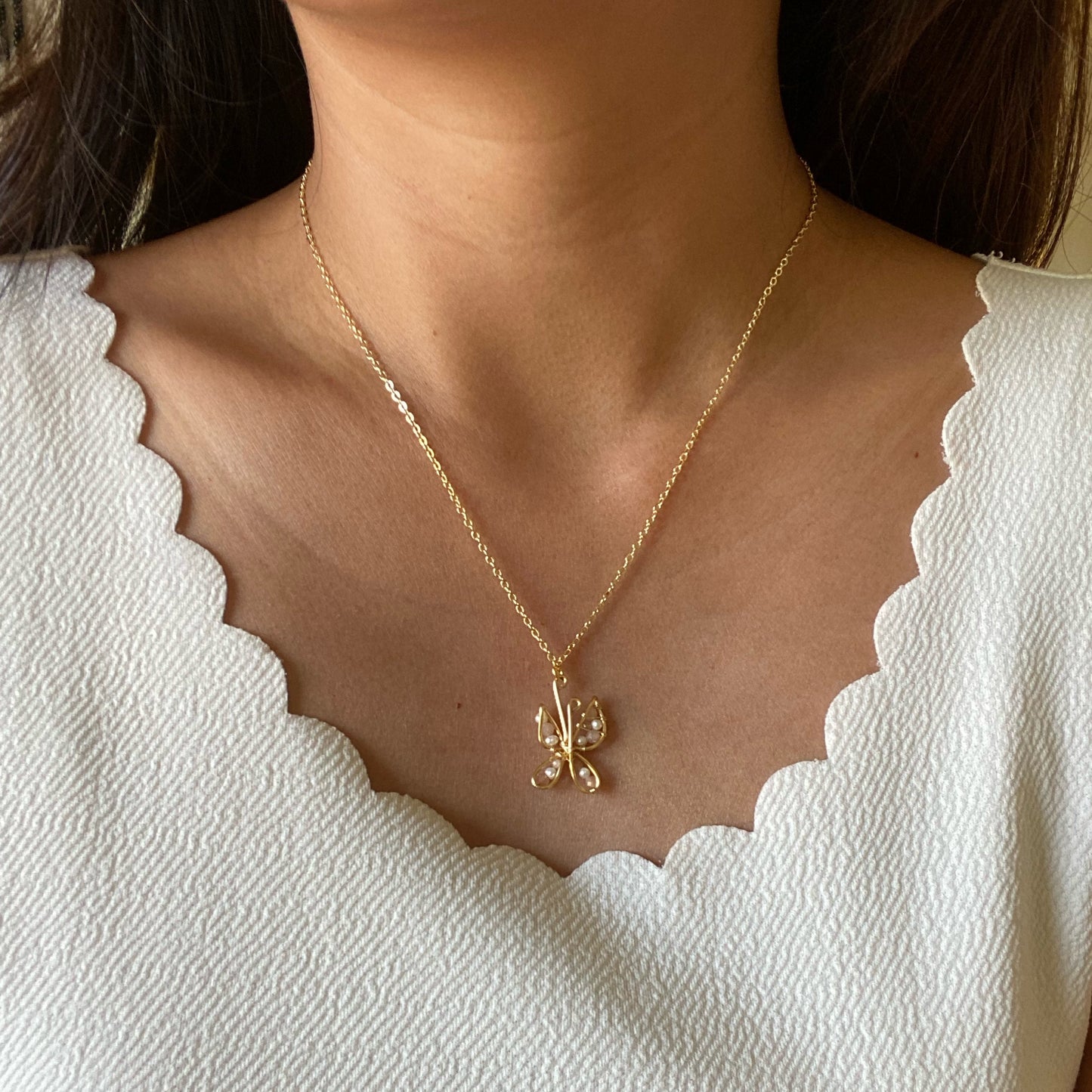 Mini Butterfly Sunstone + Pearl Necklace