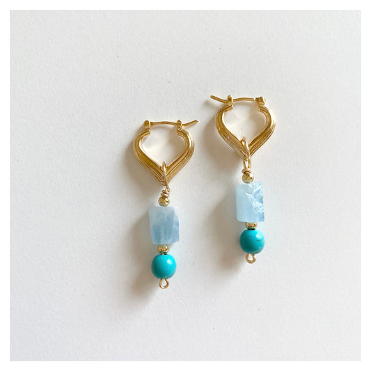 Aquamarine + Turquoise Howlite Heart Hoop Earrings