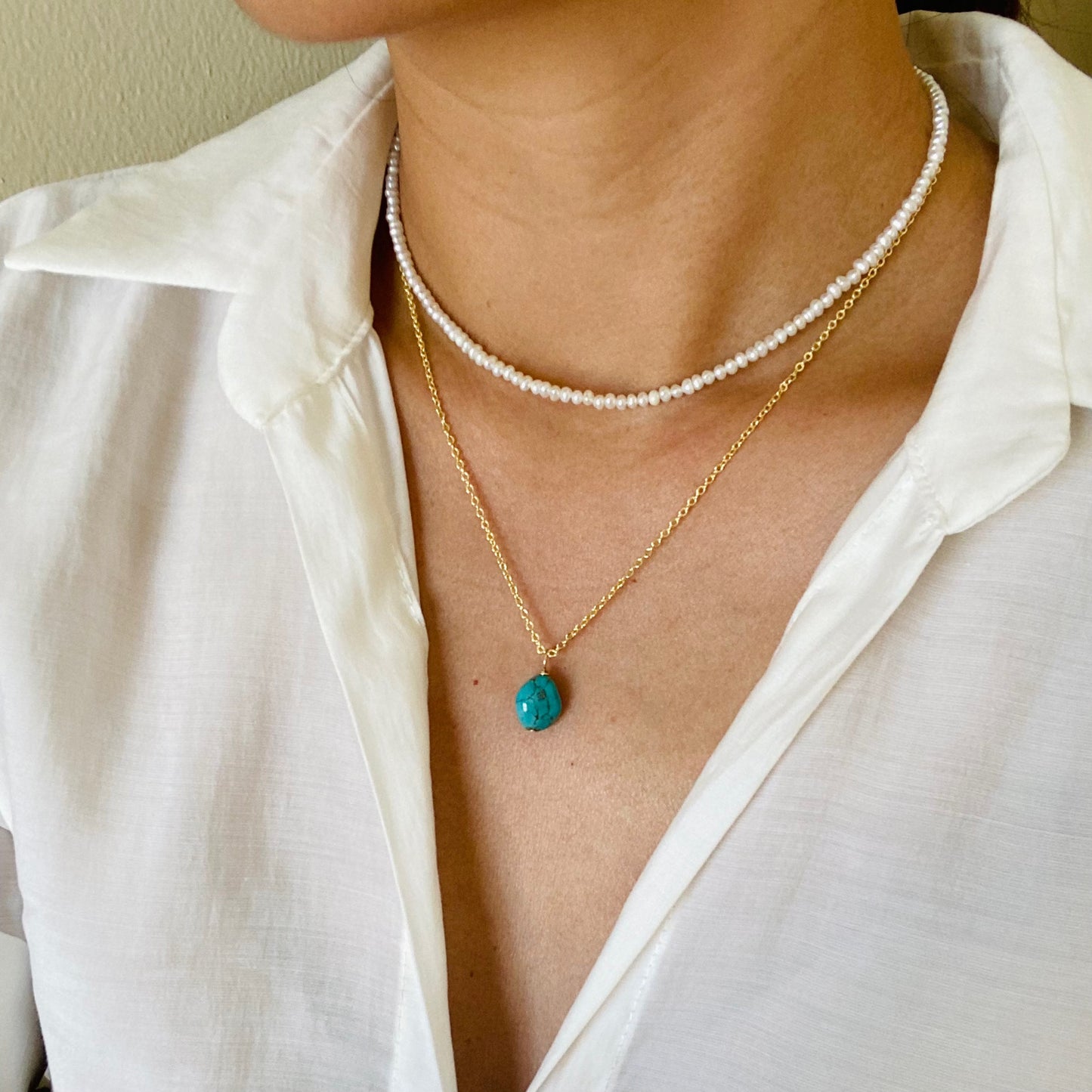 Turquoise + Mini Pearl Choker Necklace Set