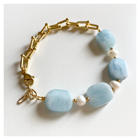 Aquamarine + Pearls Chain Bracelet