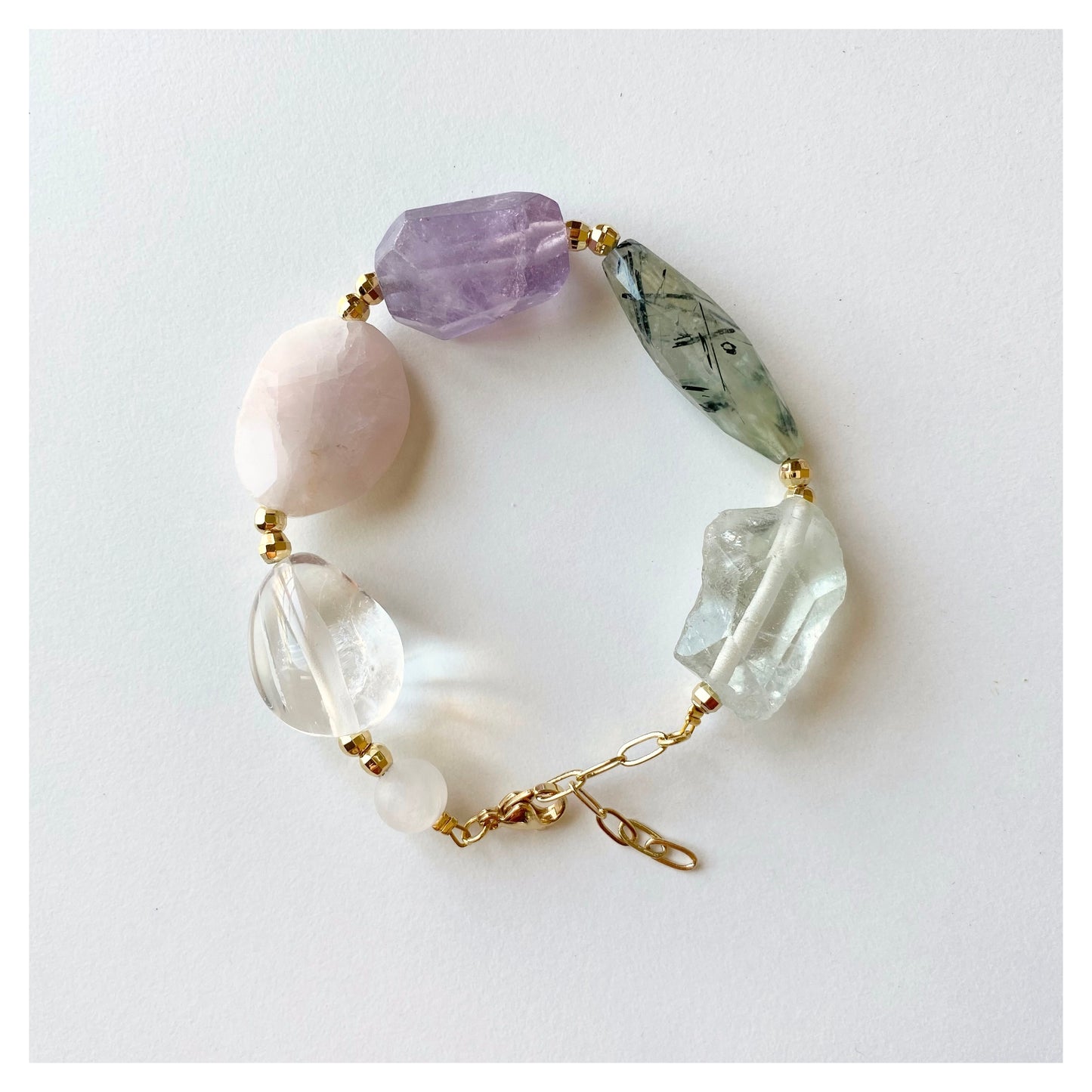 Prehnite + Amethyst + Fluorite + Rose + Clear Quartz Chunky Bracelet