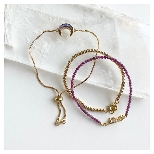 Lilac Moon + Ruby + Chain Bracelet Set