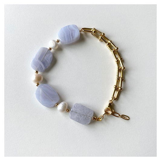 Blue Lace Agate + Pearls Chain Bracelet