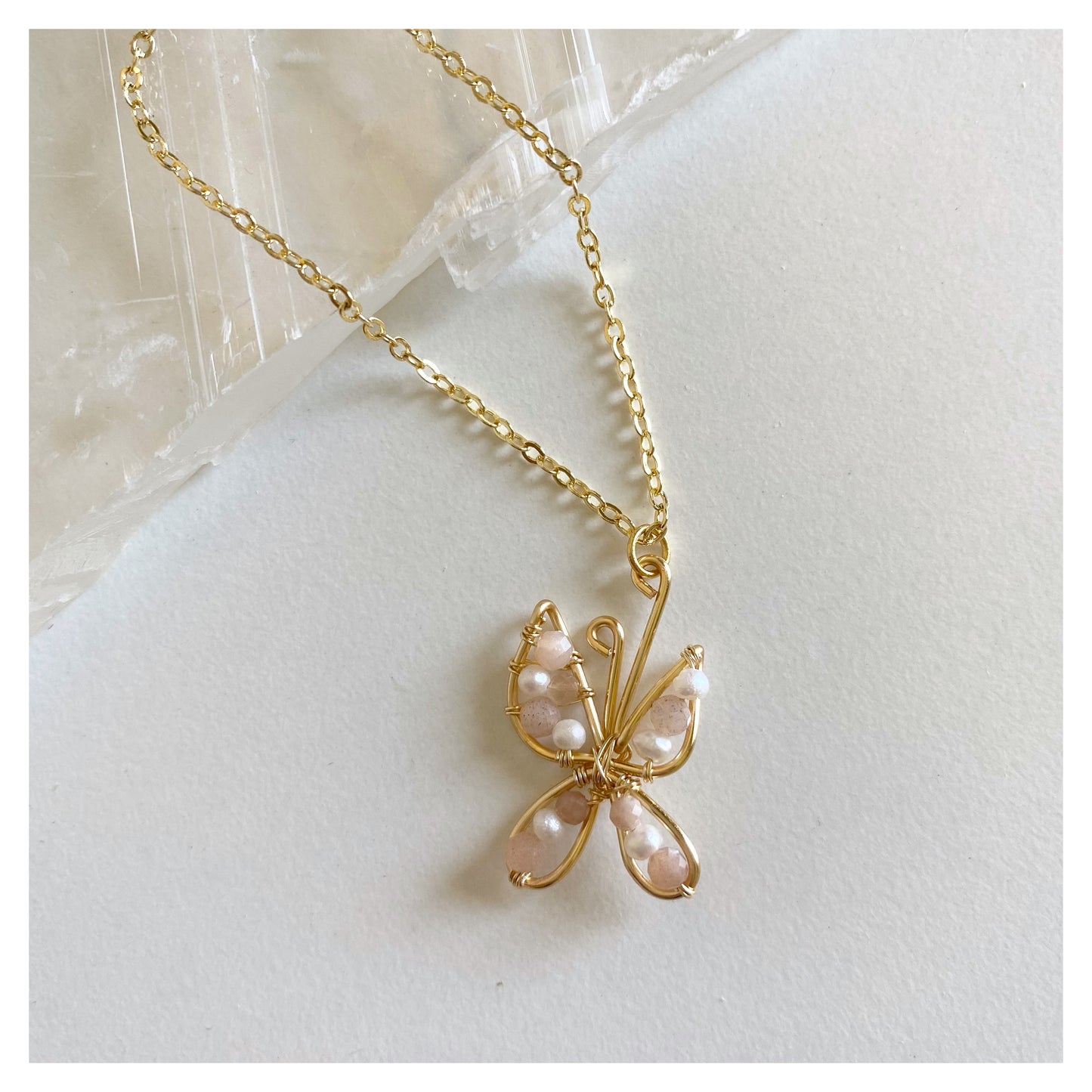 Mini Butterfly Sunstone + Pearl Necklace