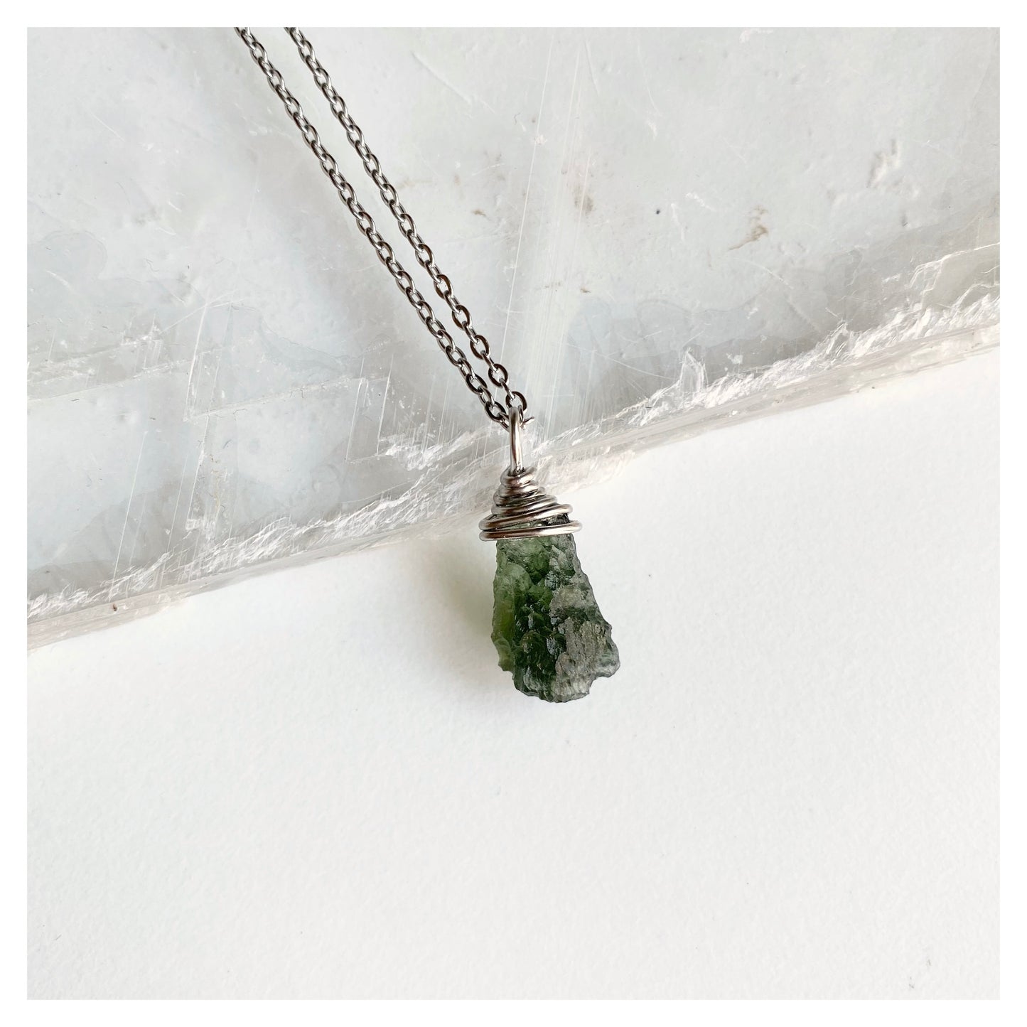 Moldavite Wire-wrapped Silver Necklace